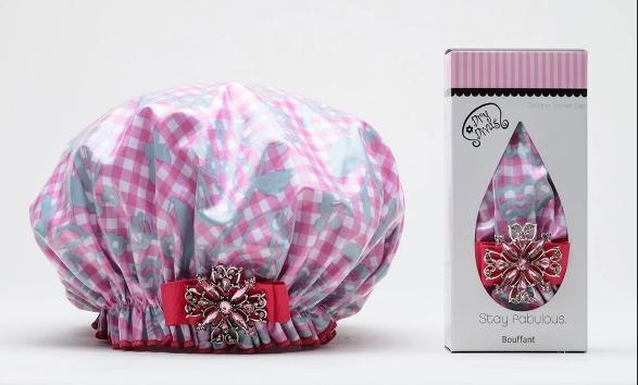 Dry Divas Designer Shower Cap For Women - Washable, Reusable - Large Bouffant Cap With Vintage Jeweled Brooch (Glorious Gingham)