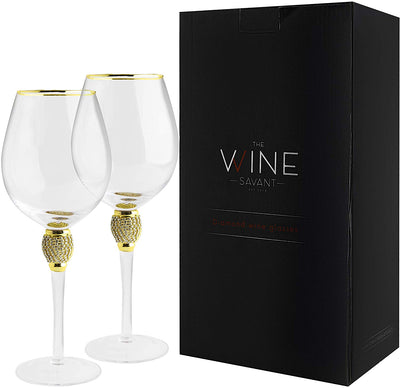 The Wine Savant Large Diamond Wine Glasses, With Gold Rim Set of 2