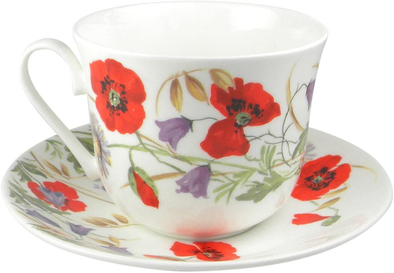 Roy Kirkham English Meadow Poppy Flower Breakfast Teacup and Saucer Set Fine Bone China