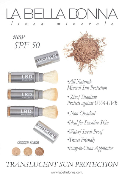 La Bella Donna Natural Mineral Women's Waterproof SPF 50 Powder Sunscreen with Exclusive Dial System Dispensing Brush | NON-NANO | NON-CHEMICAL | REEF SAFE - 5g (Light to Medium)