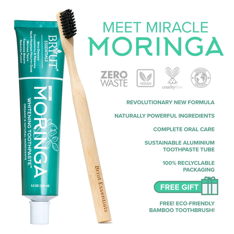 Briut Essentials MORINGA Whitening Toothpaste | 100% Organic & Natural Ingredients | Vegan | Fluoride-Free | Clinically Tested | Enamel-Safe | Includes FREE BAMBOO TOOTHBRUSH |