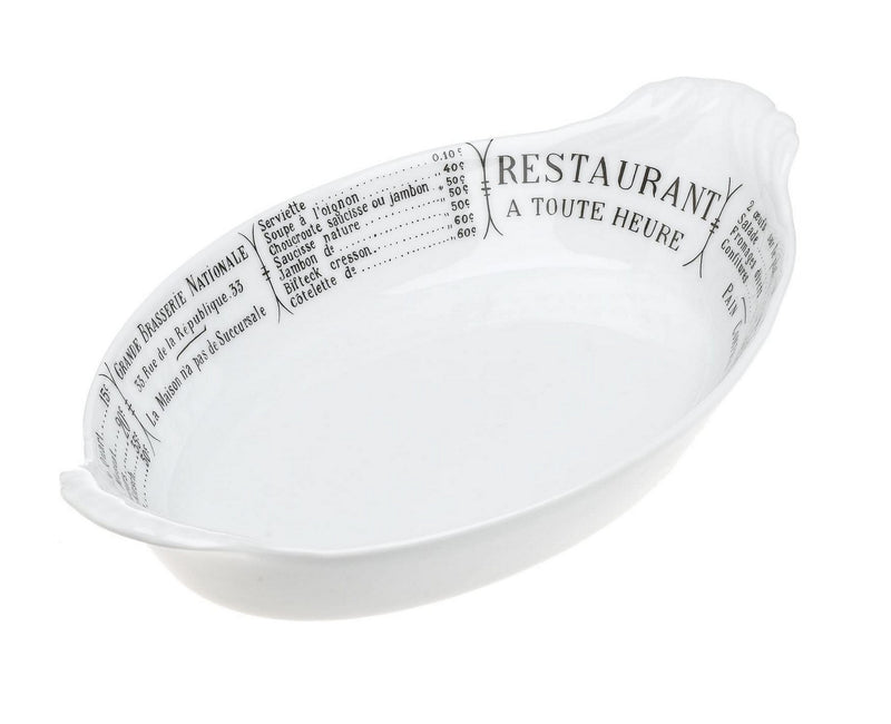 Pillivuyt Oval Eared Gratin Brasserie Baker,10 x 6.25 inch, White/Menu Print