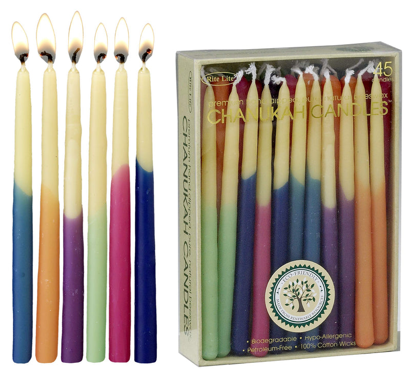 Rite Lite Chanukah 1/4" Beeswax Candles Multi Colors Hand Dipped Hanukkah Menorah Candles