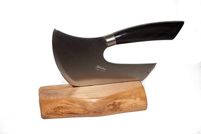 Coltelleria Saladini Exquisite Italian Cheese and Dessert Knife with Strong, High Carbon Stainless Steel Blade and Sculpted Ox Horn Handle and Olive Wood Stand Hand Forged