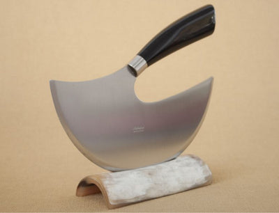 Coltelleria Saladini Exquisite Italian Cheese and Dessert Knife with Strong, High Carbon Stainless Steel Blade and Sculpted Ox Horn Handle and Olive Wood Stand Hand Forged