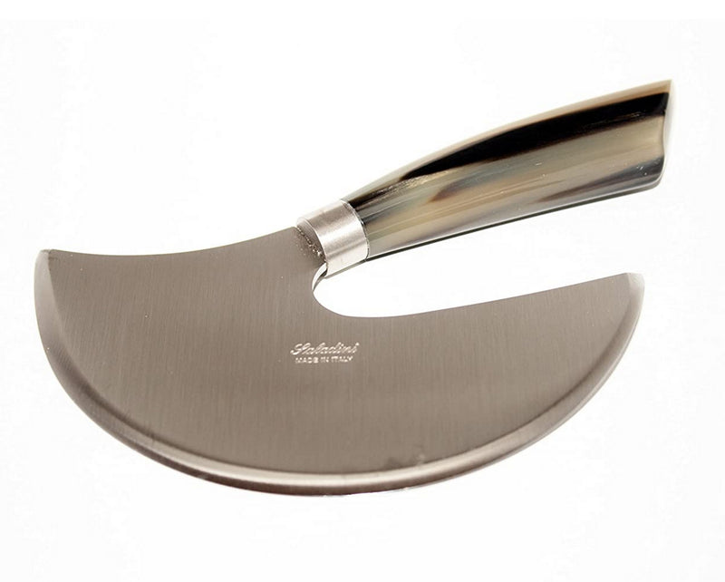 Coltelleria Saladini Exquisite Italian Cheese and Dessert Knife with Strong, High Carbon Stainless Steel Blade and Sculpted Ox Horn Handle and Olive Wood Stand Hand Forged