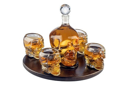 The Wine Savant Large Skull Face Decanter with 4 Skull Shot Glasses and Beautiful Wooden Base