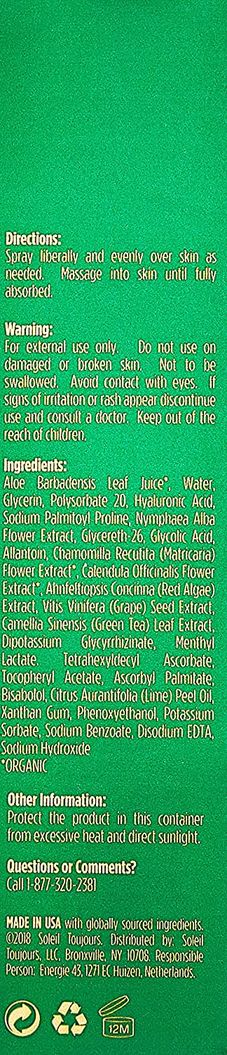 Soleil Toujours Aloe Organic Antioxidant Calming Mist, 3.2 Fl Oz