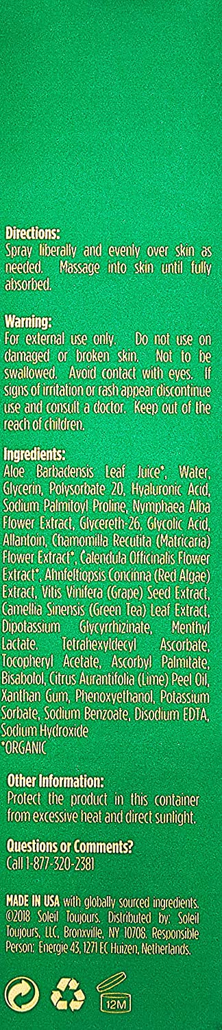 Soleil Toujours Aloe Organic Antioxidant Calming Mist, 3.2 Fl Oz