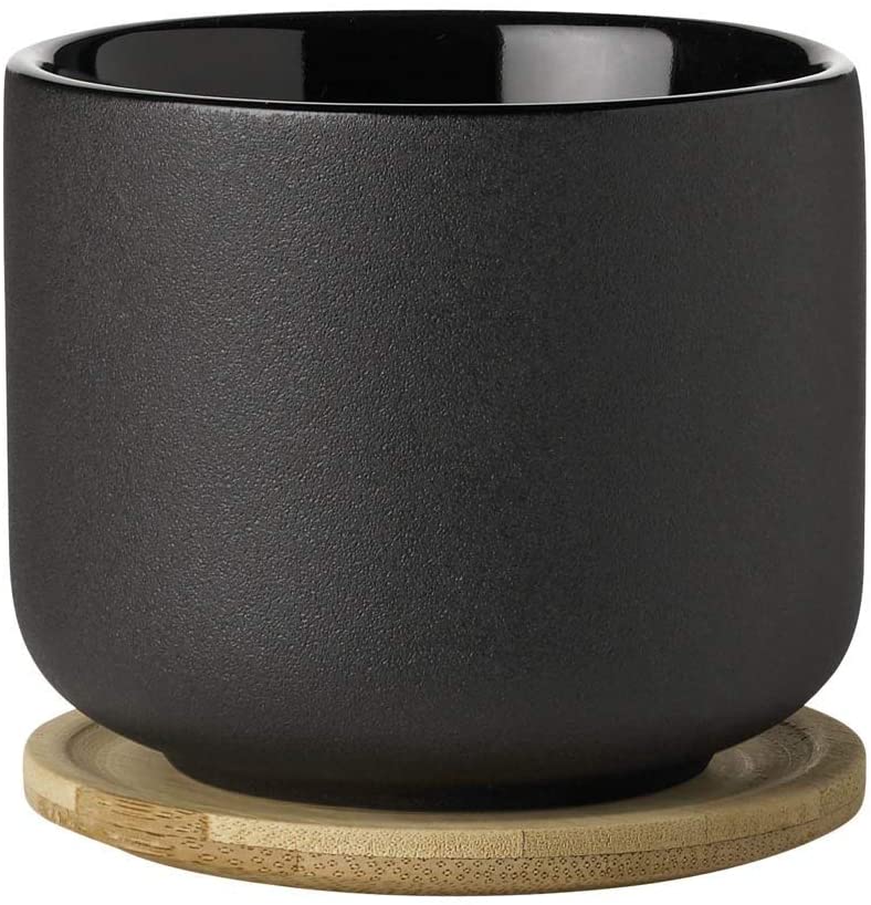 Stelton Theo Tea Mug with Coaster, Cup, Stoneware, Bamboo, Black/Brown, 200 ml, 2-Pcs., x-632