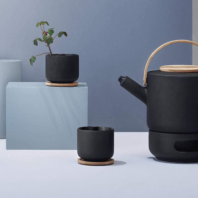 Stelton Theo Tea Mug with Coaster, Cup, Stoneware, Bamboo, Black/Brown, 200 ml, 2-Pcs., x-632