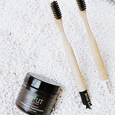 Briut Essentials Organic Charcoal Toothpaste - WITH TOOTHBRUSH - Activated Charcoal Toothpaste, NOT POWDER, 100% Organic, Peppermint, Includes Bamboo Toothbrush